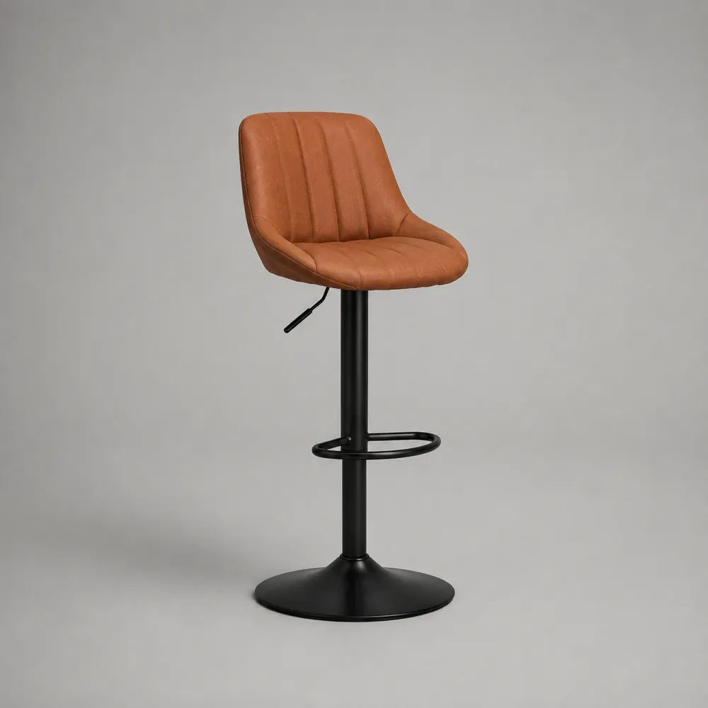 Sgabello da bar girevole regolabile in pelle sintetica e metallo, marrone cognac e nero, 48 x 50 x 86-107 cm