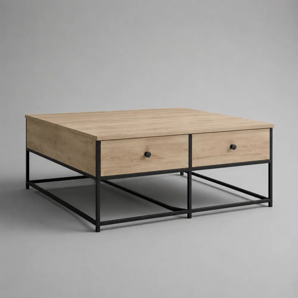 Tavolino da salotto quadrato con 2 cassetti, effetto rovere naturale e acciaio nero, 100 x 100 x 45 cm