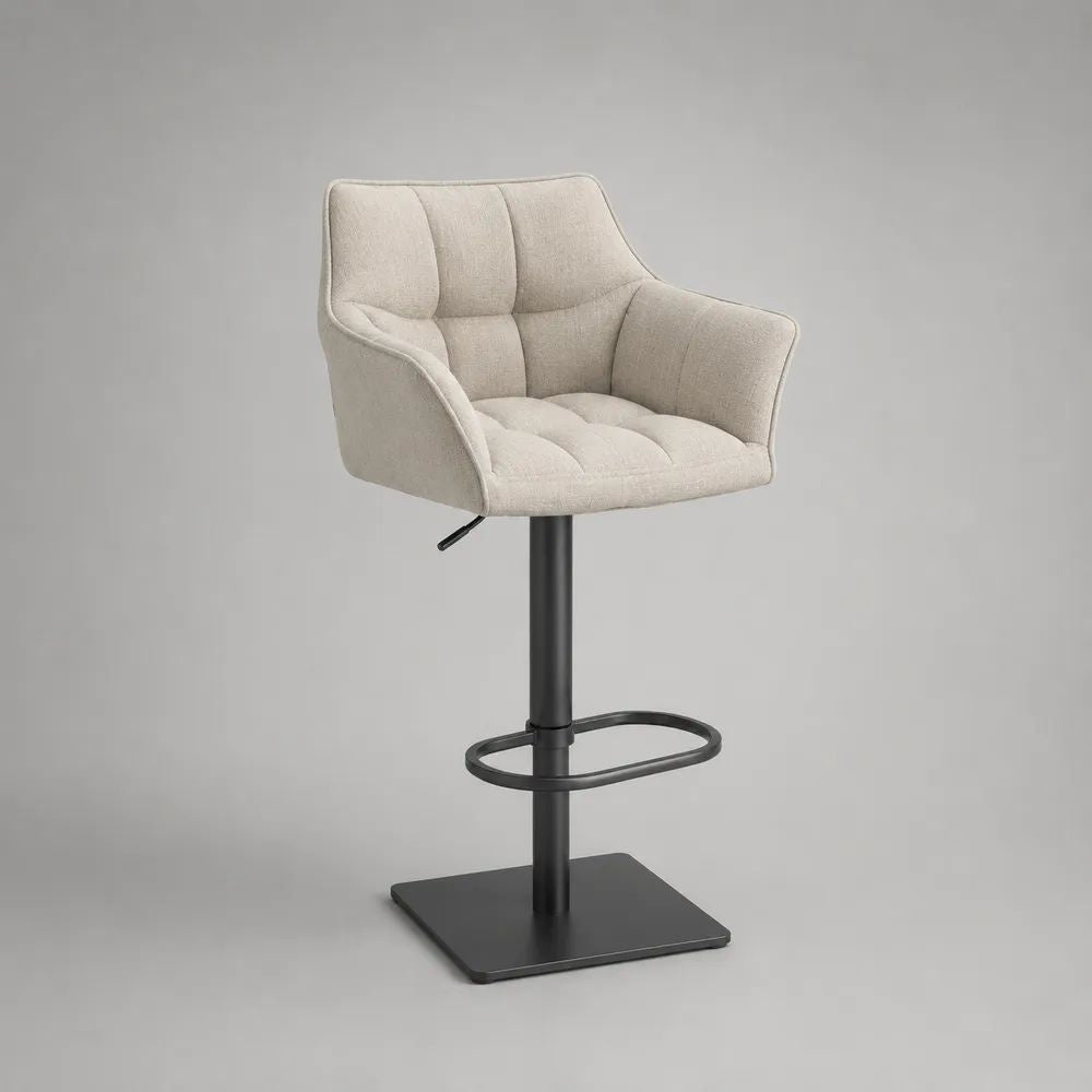 Sgabello da bar girevole regolabile in poliestere beige con braccioli e base quadrata in acciaio nero, 55 x 53 x 88-109 cm