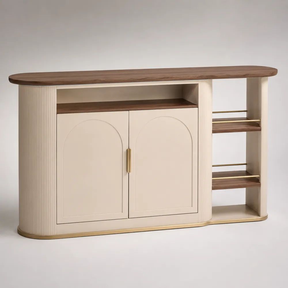 Mobile bar credenza rettangolare in legno beige e noce con 2 ante e portabottiglie, 160 x 45 x 100 cm