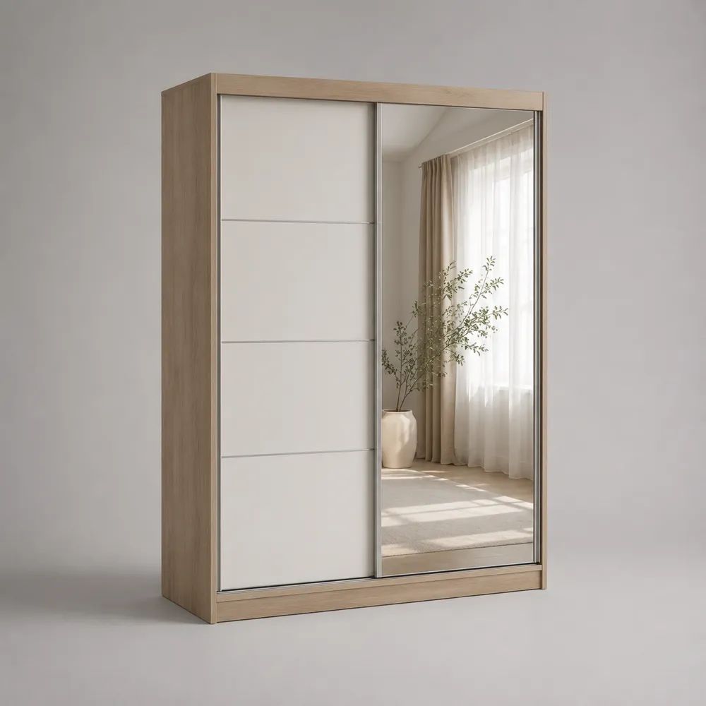 Armadio guardaroba rettangolare a 2 ante scorrevoli con specchio in pannello truciolare melaminico, rovere chiaro e bianco, 120 × 60 × 200 cm