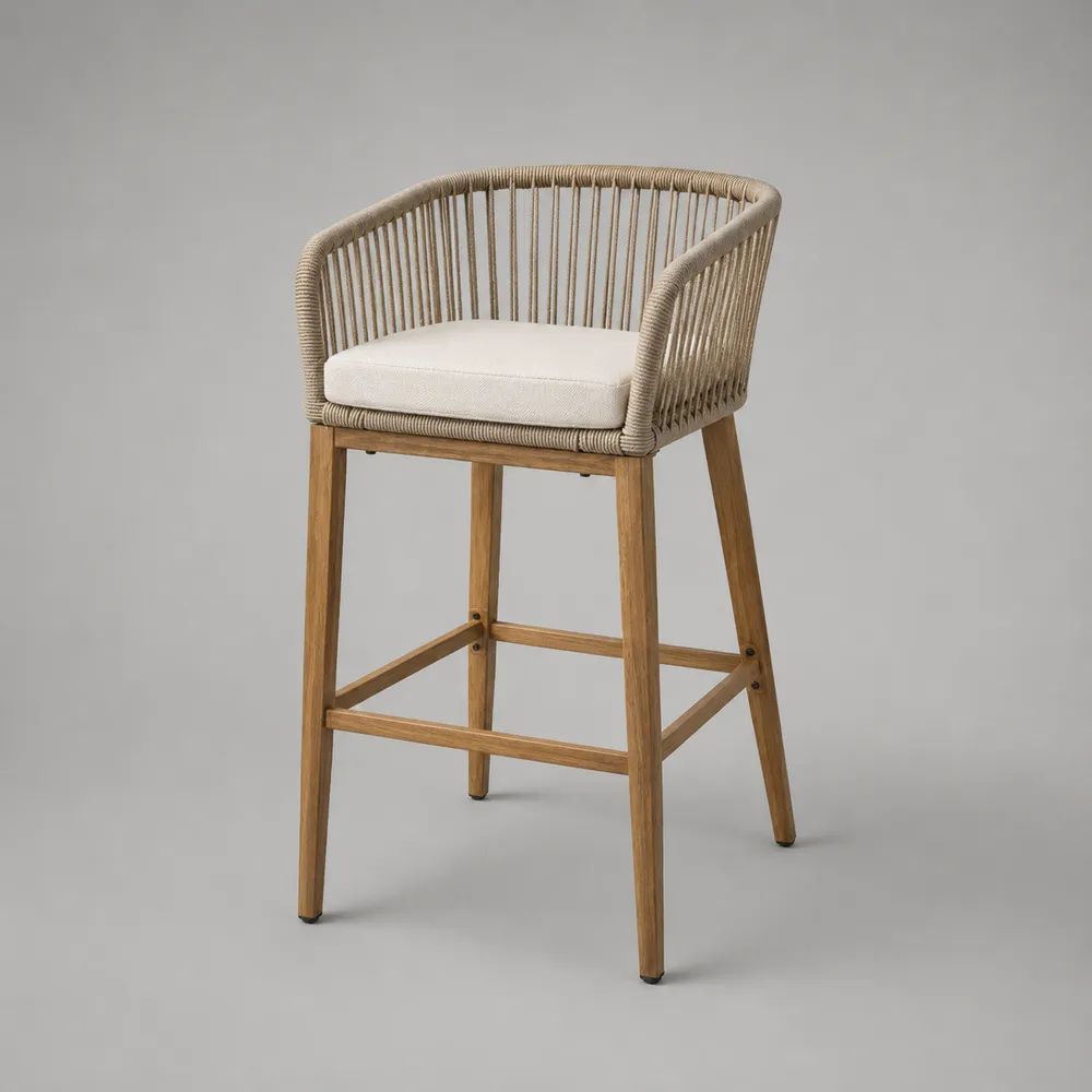 Sgabello da bar alto con braccioli in legno massello di acacia e corda di polipropilene beige, cuscino bianco, 56 x 57 x 96 cm