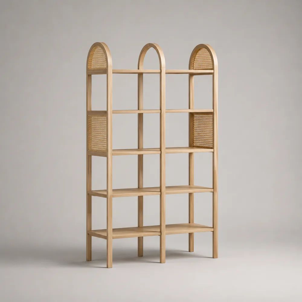 Libreria in legno e rattan a 10 vani con struttura ad arco, Naturale/Beige, 100 x 35 x 180 cm