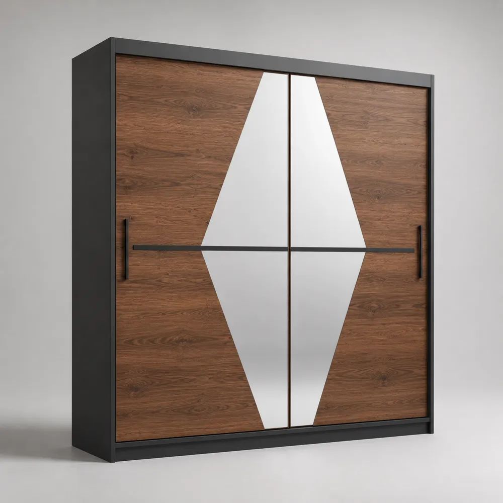 Armadio guardaroba in truciolare a 2 ante scorrevoli con specchio, noce, antracite e argento, 200 x 60 x 210 cm