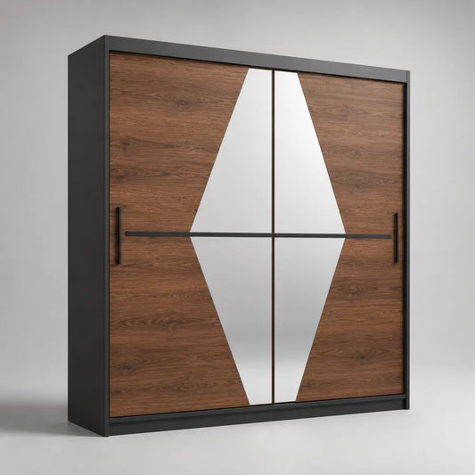 Armadio guardaroba in truciolare a 2 ante scorrevoli con specchio, noce, antracite e argento, 200 x 60 x 210 cm