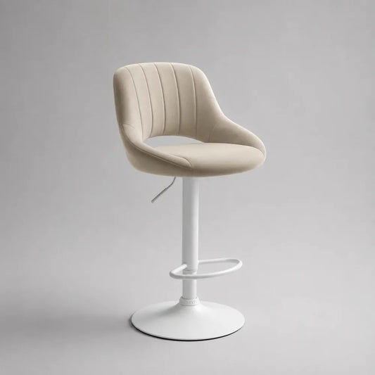 Sgabello da bar regolabile e girevole in velluto beige e acciaio bianco con schienale e poggiapiedi, 52 x 50 x 86-107 cm