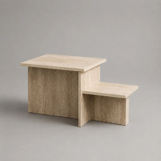 Tavolino da salotto rettangolare in travertino beige a due livelli, 80 x 45 x 55 cm