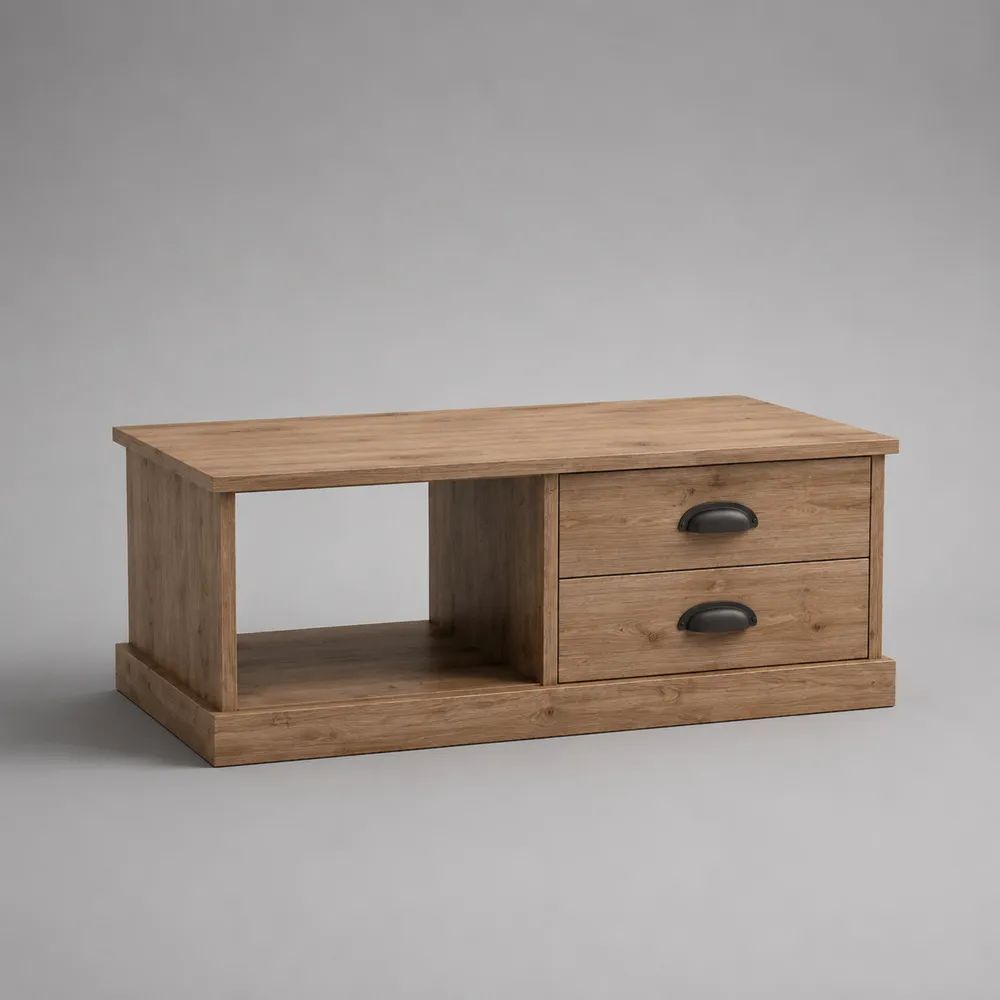 Tavolino da salotto rettangolare in truciolare melaminico effetto rovere marrone con 2 cassetti e vano aperto, 100 x 50 x 45 cm