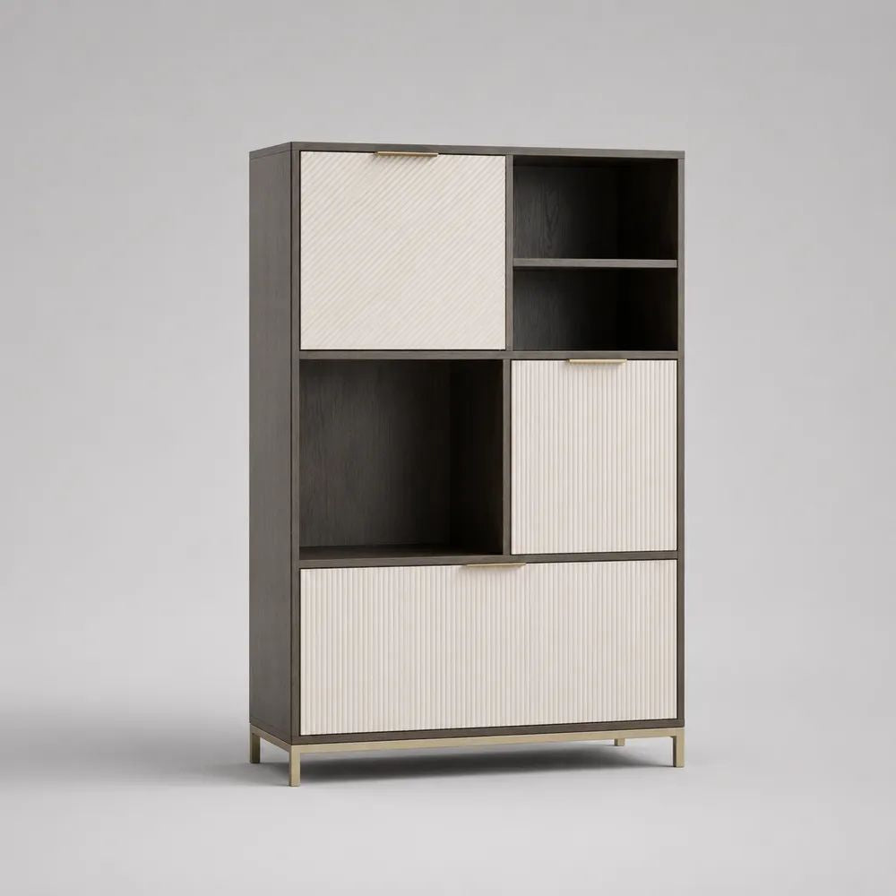 Libreria rettangolare in MDF e acciaio con 3 ante e 3 vani aperti, marrone scuro, avorio e ottone, 90 x 40 x 150 cm