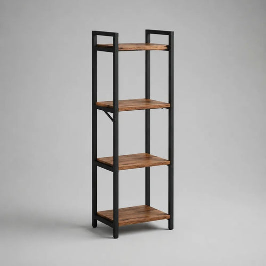 Libreria rettangolare a 4 ripiani in legno e acciaio, marrone e nero, 45 × 35 × 125 cm