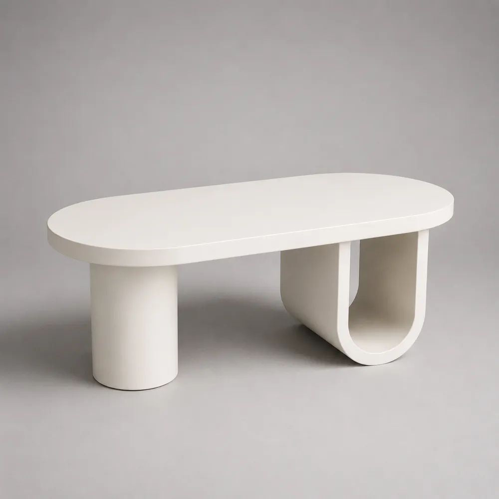 Tavolino da salotto rettangolare in MDF laccato bianco con angoli arrotondati e base geometrica, 120 × 60 × 42 cm