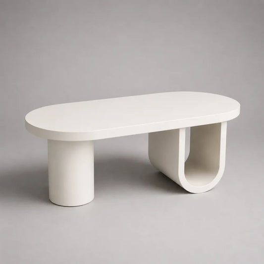Tavolino da salotto rettangolare in MDF laccato bianco con angoli arrotondati e base geometrica, 120 × 60 × 42 cm