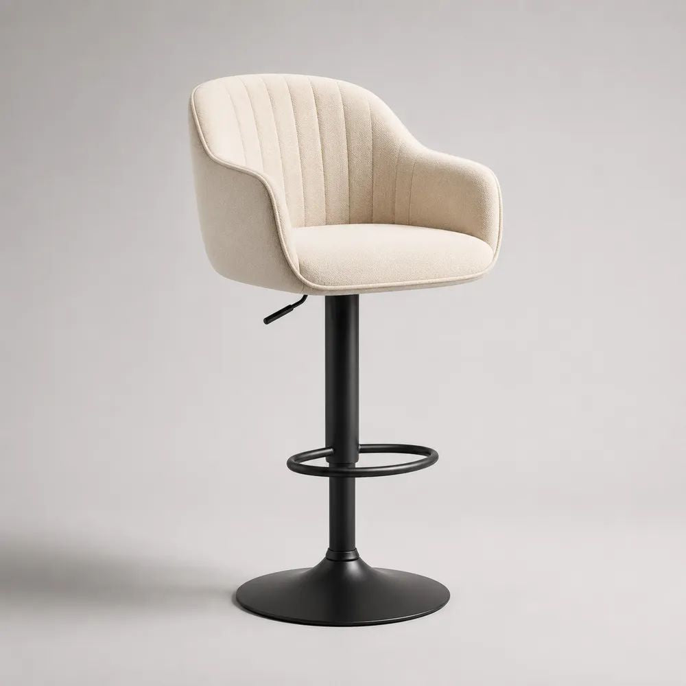 Sgabello da bar girevole regolabile in tessuto bouclé crema e acciaio nero, 54 x 52 x 88-109 cm