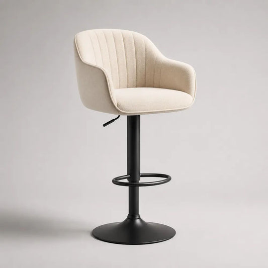 Sgabello da bar girevole regolabile in tessuto bouclé crema e acciaio nero, 54 x 52 x 88-109 cm