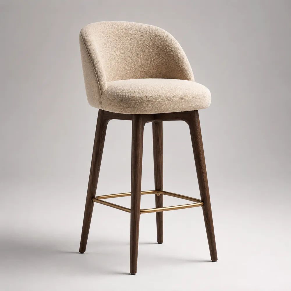 Sgabello da bar imbottito in tessuto bouclé beige con schienale, struttura in legno marrone e poggiapiedi in metallo, 52 x 54 x 96 cm
