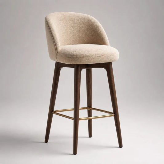 Sgabello da bar imbottito in tessuto bouclé beige con schienale, struttura in legno marrone e poggiapiedi in metallo, 52 x 54 x 96 cm