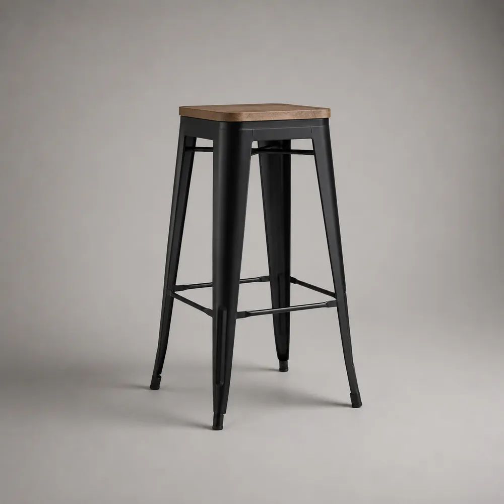 Sgabello da bar alto in acciaio nero con seduta quadrata in pino massello, 43 x 43 x 76 cm