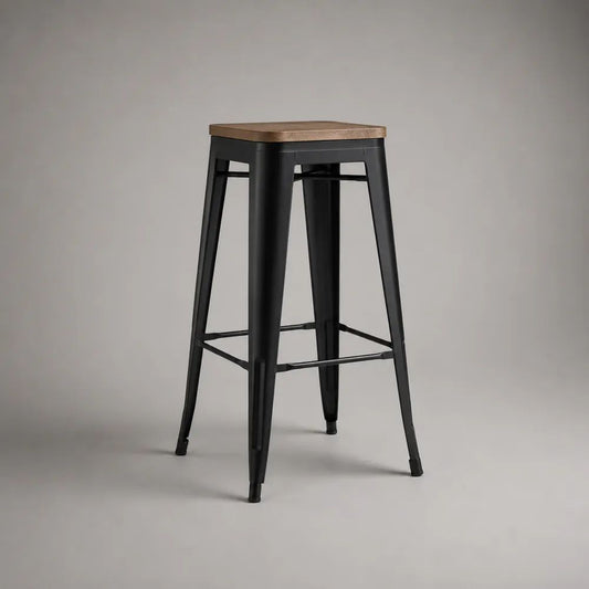 Sgabello da bar alto in acciaio nero con seduta quadrata in pino massello, 43 x 43 x 76 cm