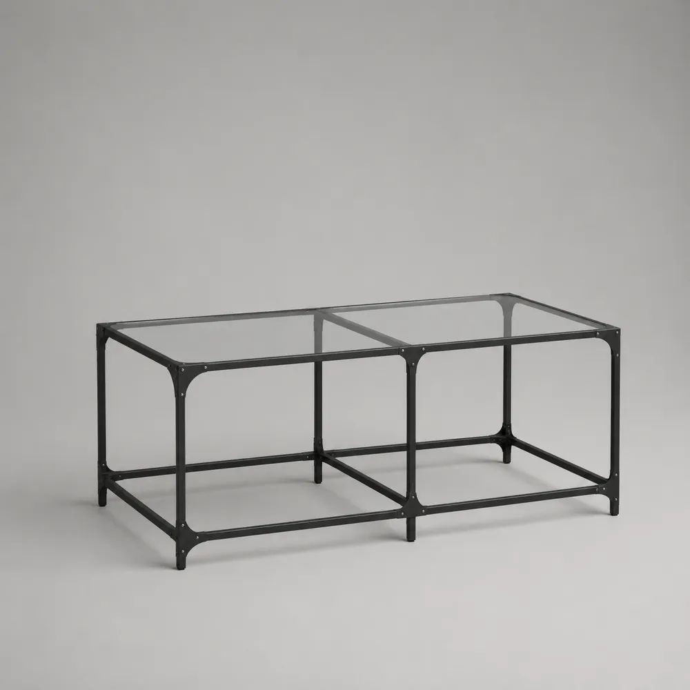 Tavolino da salotto rettangolare in acciaio nero e vetro trasparente, 120 x 60 x 45 cm