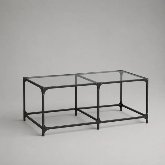 Tavolino da salotto rettangolare in acciaio nero e vetro trasparente, 120 x 60 x 45 cm
