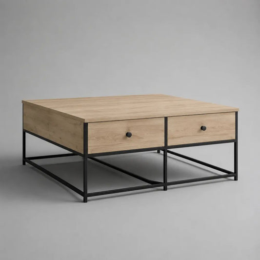 Tavolino da salotto quadrato con 2 cassetti, effetto rovere naturale e acciaio nero, 100 x 100 x 45 cm
