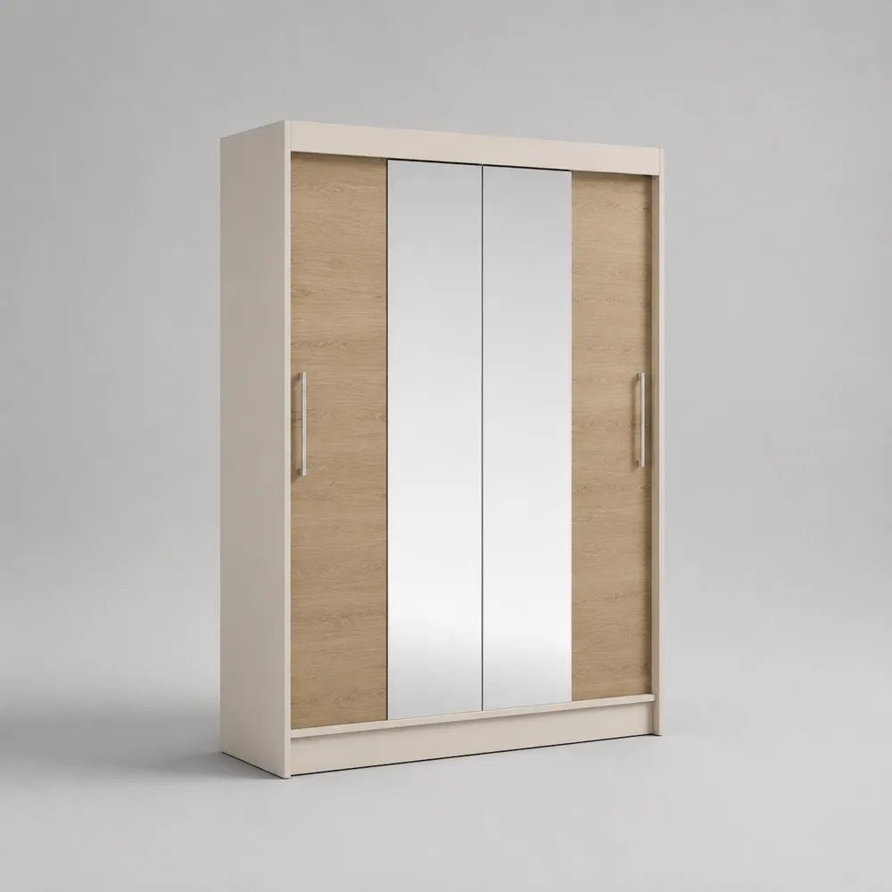 Armadio a 2 ante scorrevoli con specchi, in truciolare melaminico bianco e rovere chiaro, 180 × 60 × 210 cm