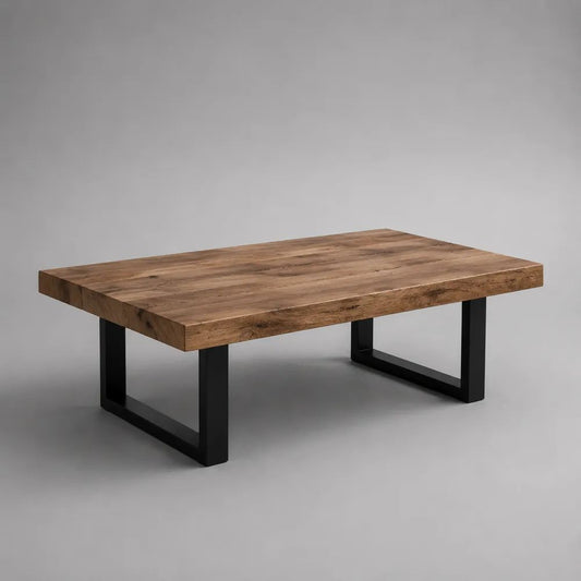 Tavolino da salotto rettangolare in legno massello e acciaio, 110 x 60 x 45 cm, marrone naturale e nero