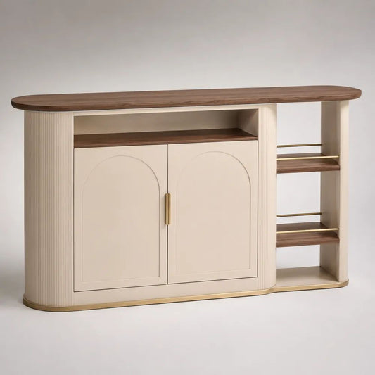 Mobile bar credenza rettangolare in legno beige e noce con 2 ante e portabottiglie, 160 x 45 x 100 cm
