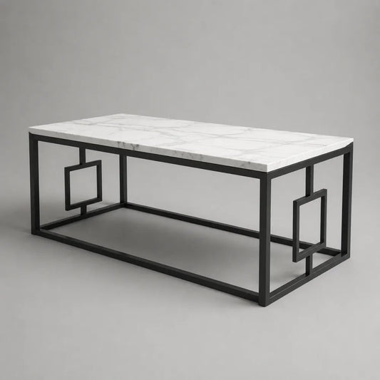 Tavolino da salotto rettangolare in MDF effetto marmo con struttura in acciaio nero, 110 × 60 × 45 cm, bianco e nero