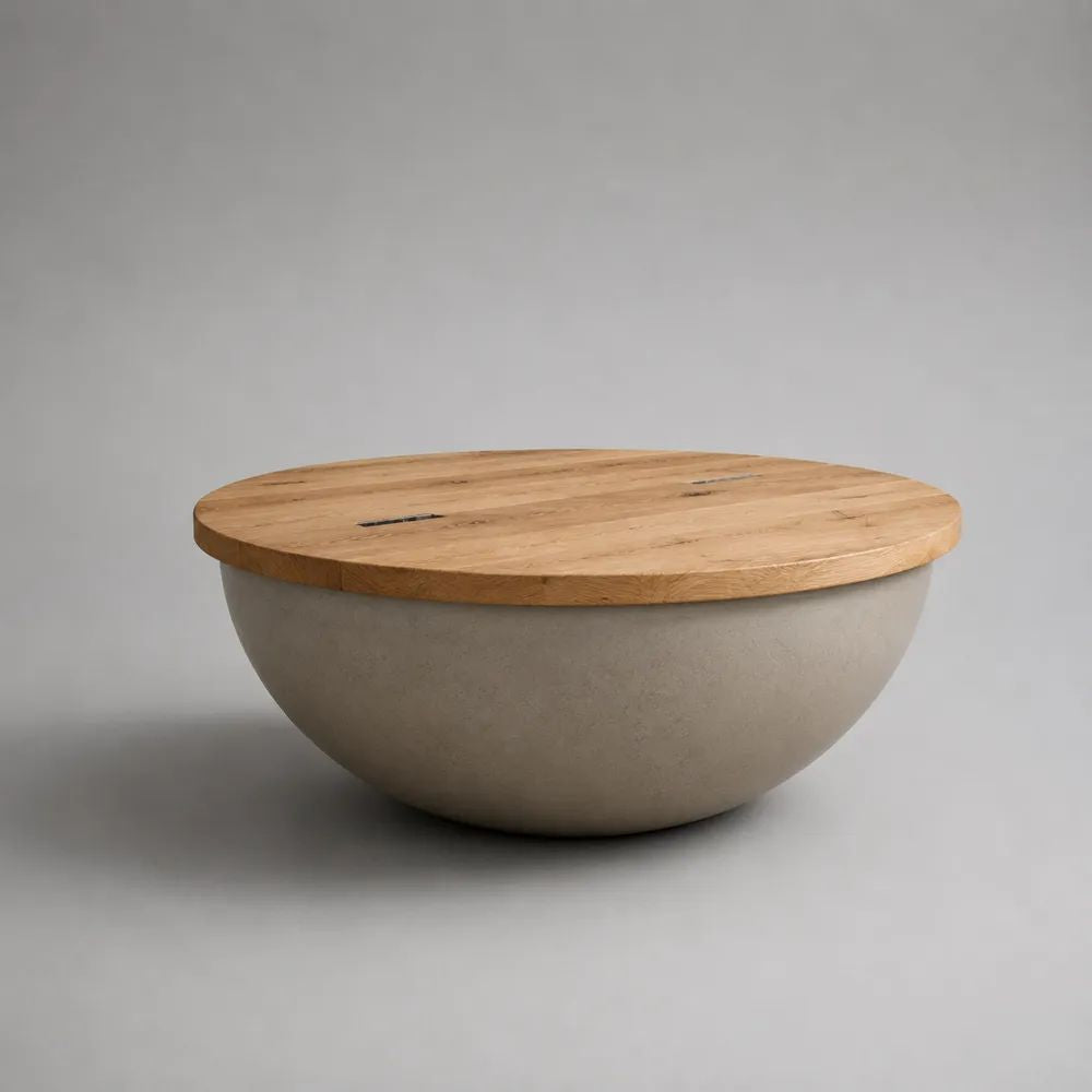Tavolino da salotto rotondo in rovere massello e calcestruzzo grigio, Ø90 × H38 cm