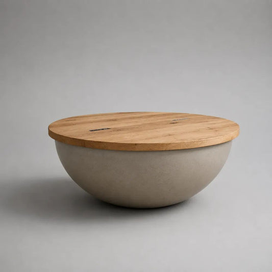 Tavolino da salotto rotondo in rovere massello e calcestruzzo grigio, Ø90 × H38 cm