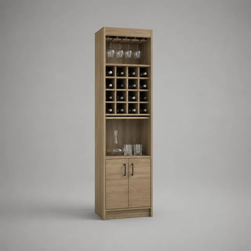 Mobile bar portabottiglie verticale in truciolare melaminico effetto rovere naturale, 16 scomparti, 50 x 35 x 180 cm
