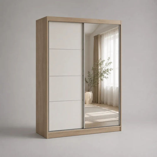 Armadio guardaroba rettangolare a 2 ante scorrevoli con specchio in pannello truciolare melaminico, rovere chiaro e bianco, 120 × 60 × 200 cm