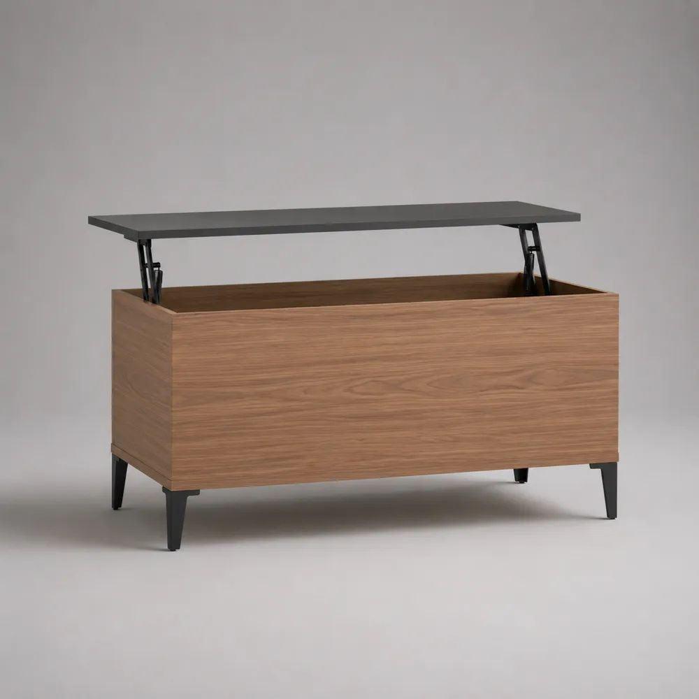 Tavolino da salotto rettangolare con piano elevabile e vano contenitore in MDF e acciaio, noce, grigio antracite e nero, 100 x 50 x 50-65 cm