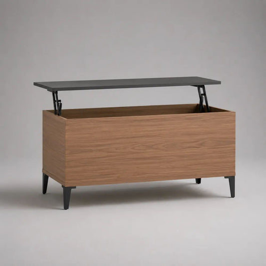 Tavolino da salotto rettangolare con piano elevabile e vano contenitore in MDF e acciaio, noce, grigio antracite e nero, 100 x 50 x 50-65 cm