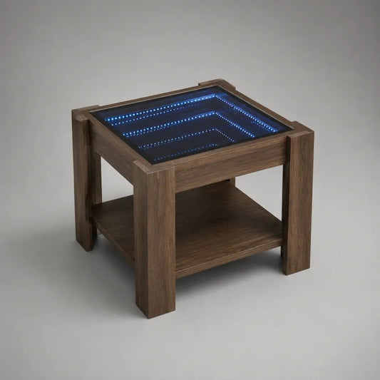 Tavolino quadrato da salotto in legno con piano in vetro temperato, luce LED effetto infinito, ripiano inferiore, marrone noce e nero, 55 x 55 x 55 cm