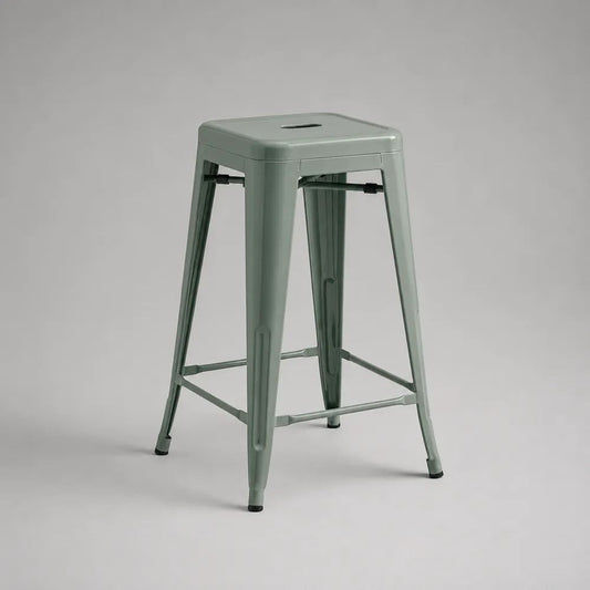 Sgabello da bar alto in acciaio verniciato verde salvia con seduta quadrata, 43 × 43 × 76 cm