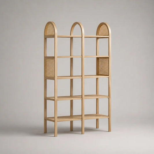 Libreria in legno e rattan a 10 vani con struttura ad arco, Naturale/Beige, 100 x 35 x 180 cm