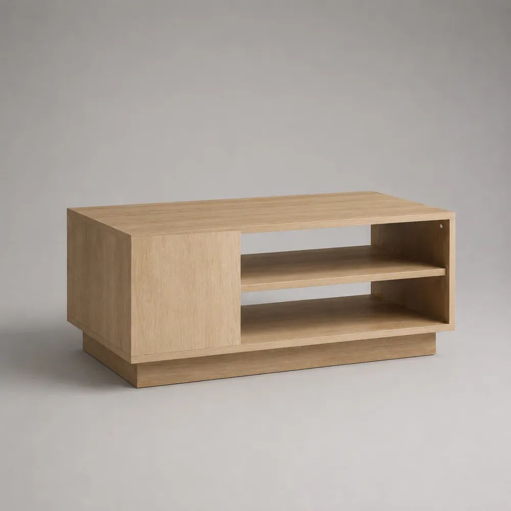Tavolino da salotto rettangolare in legno con pannello scorrevole e ripiani, rovere naturale, 100 x 55 x 45 cm